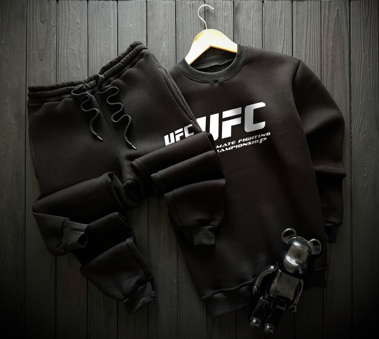 Чоловічий спортивний костюм на флісі зимовий теплий Ufc чорний кофта штани Юфс утеплений зима з начосом