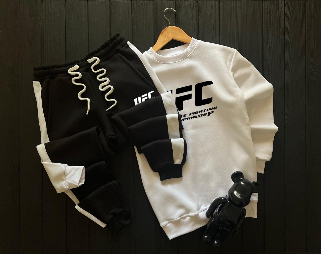 Чоловічий спортивний костюм на флісі зимовий теплий Ufc чорно-білий кофта штани Юфс утеплений зима з начосом