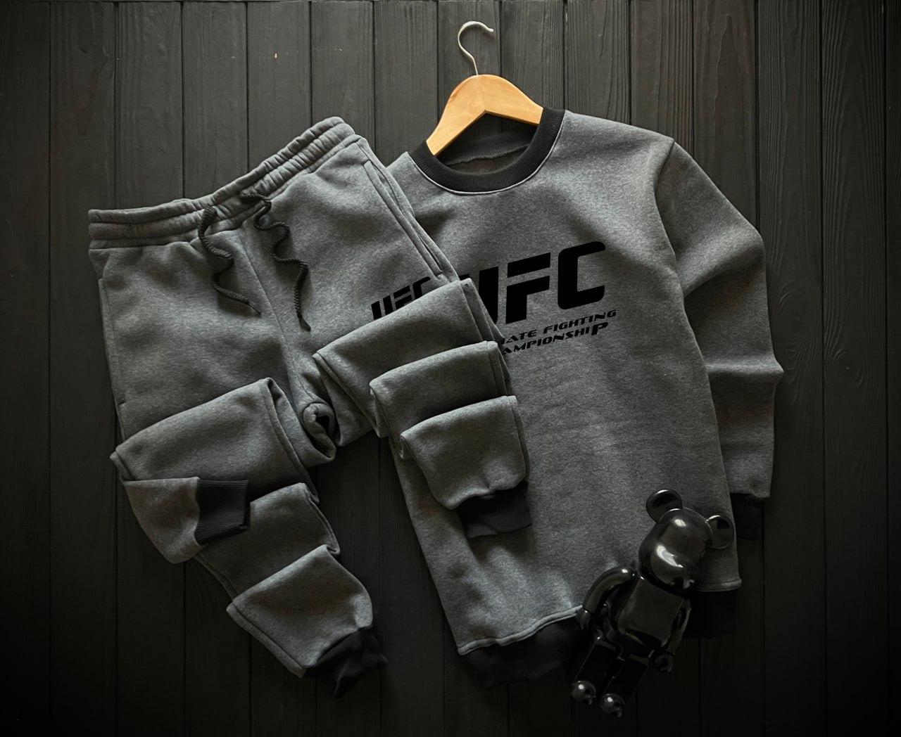 Чоловічий спортивний костюм на флісі зимовий теплий Ufc темно-сірий кофта штани Юфс утеплений зима з начосом