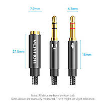 Кабель Audio 3.5 мм-3.5мм Vention TRS 2xM/F Cotton Braided 0.3 m Black (BHFBY), фото 3