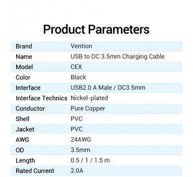 Кабель USB-DC3.5mm Vention PVC 5V 2A 1.5m Black (CEXBG), фото 2
