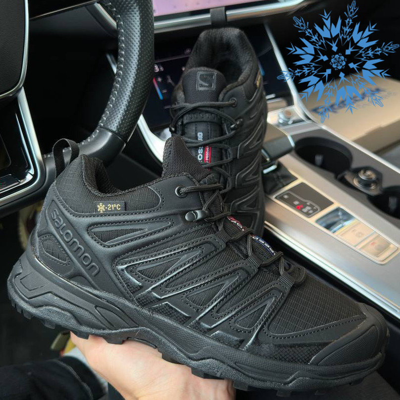 Чоловічі кросівки зимові Salomon XT-4 OG All Black Fur теплі з хутром осінь-зима чорні. Живое фото