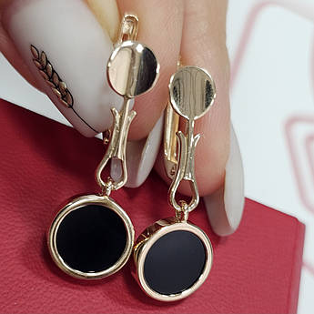 Сережки підвіски золоті з чорним круглим оніксом великі