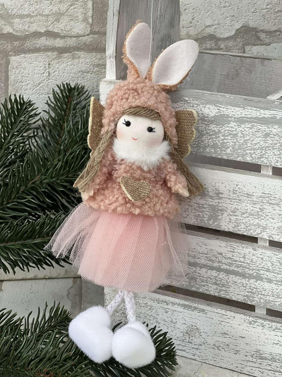 Підвіска текстильна новорічна, дівчинка з вушками h 20 см, фото 1