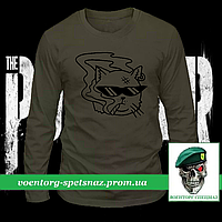 Военный реглан Курящий кот в очках олива потоотводящий (футболка с длинным рукавом)