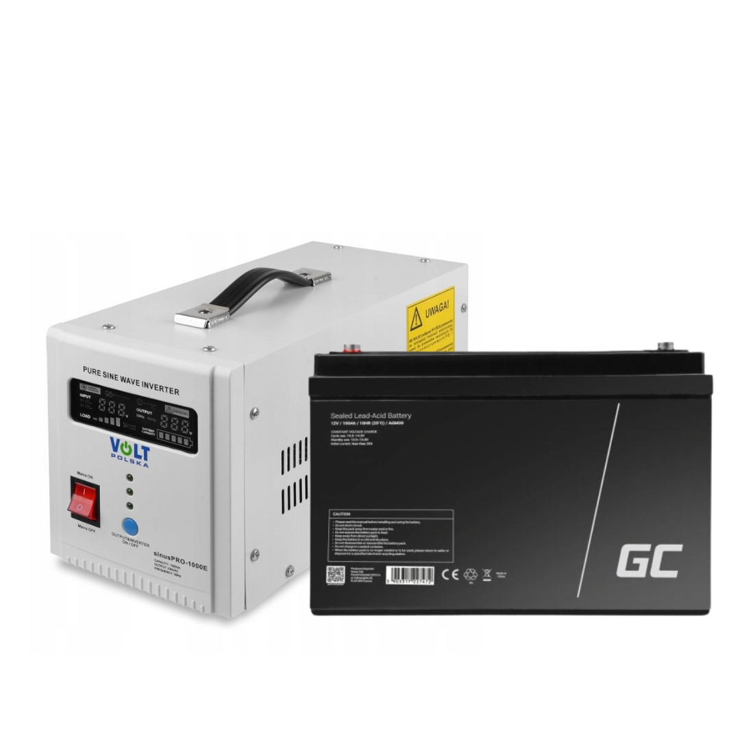 Аварійний комплект Гібридний ДБЖ/інвертор Volt Polska SINUS PRO 1000E + Акумулятор Green Cell AGM VRLA 100Ah 12V