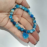 Браслет с кулоном из натурального камня Голубой агат гладкие круглые бусины - оригинальный подарок девушке