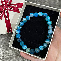 Оригинальный подарок девушке браслет из натурального камня Голубой агат гладкие шарики размер 8 мм в коробочке