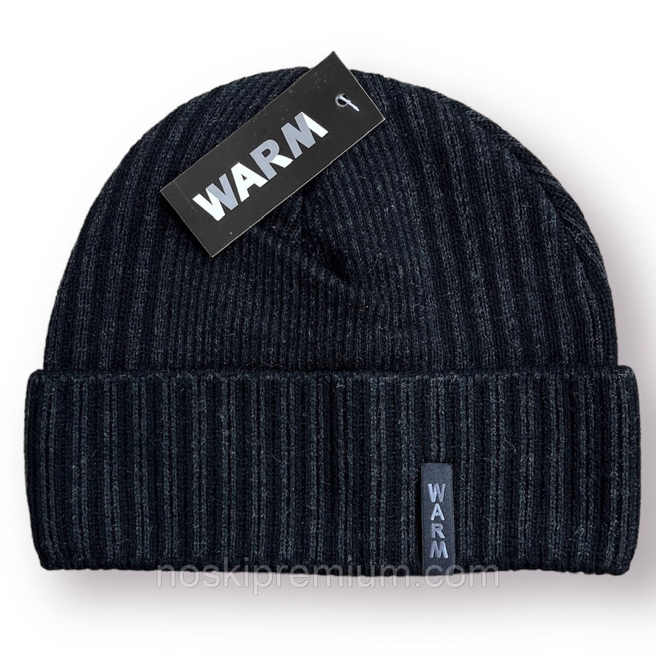 Шапка чоловіча вовняна на флісі з закотом Warm, розмір 54-58, чорна, 020143