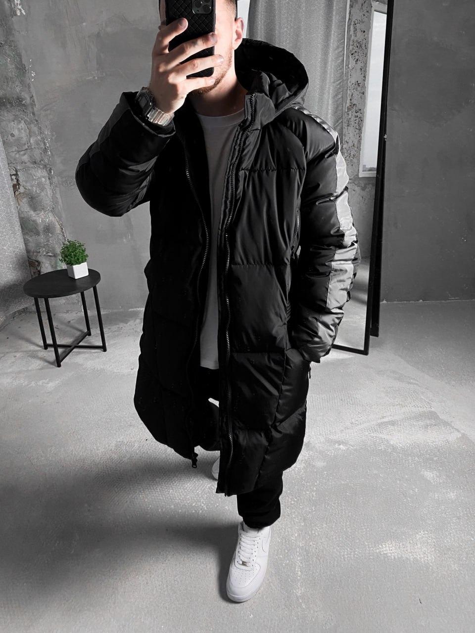 Зимова куртка чоловіча довга до -25°c С тепла strip чорна парка з капюшоном подовжена пальто зима, фото 1