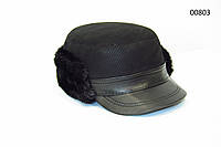 Мужская зимняя кепка немка из натуральной кожи черная на натуральном мехе DAVANI 00803