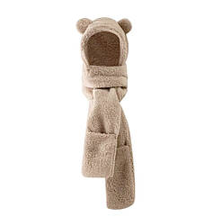 Шапка, шарф, рукавиці з вушками 3 в 1 (тедді, ведмідь, ведмедик, ведмедик, капюшон, кишені) Бежевий, Унісекс WUKE One size