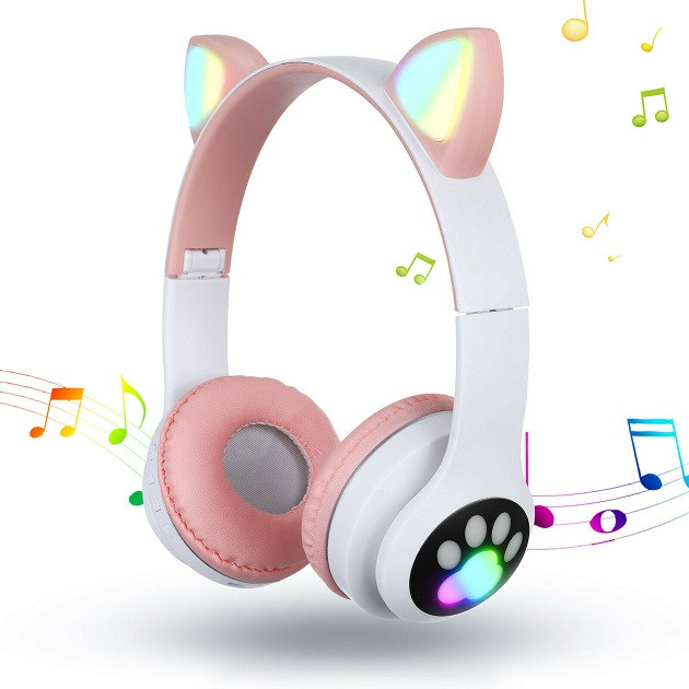 Навушники бездротові Cat Ear VZV-24M Bluetooth з LED підсвічуванням та котячими вушками (53611-E) Рожеві