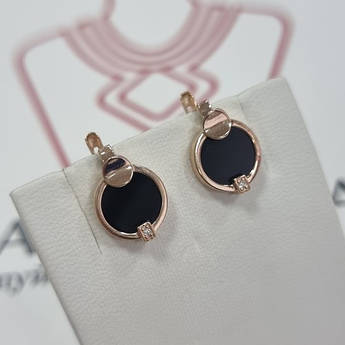 Сережки золоті з чорним круглим оніксом та білими фіанітами