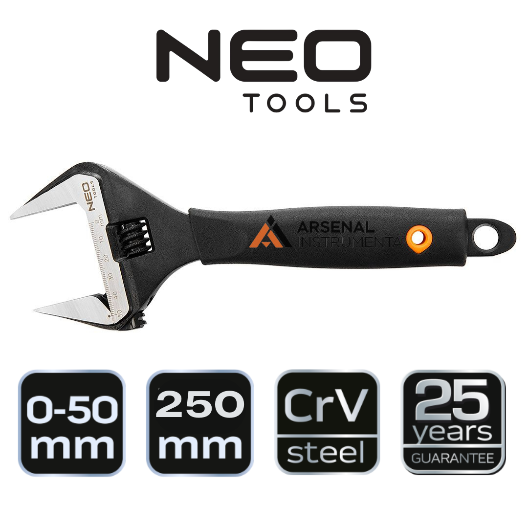 Ключ 03-016 Neo розвідний 250 мм, 0-50 мм додатково подовжені губки CV