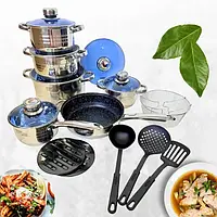 Набор кастрюль и сковорода с сотейником на 18 предметов для всех видов плит, Посуда из стали-нержавейки