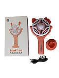 Вентилятор ручний акумуляторний Mini Fan CS092-2 з вушками, підставкою, підсвічуванням та USB-зарядкою Помаранчевий, фото 6