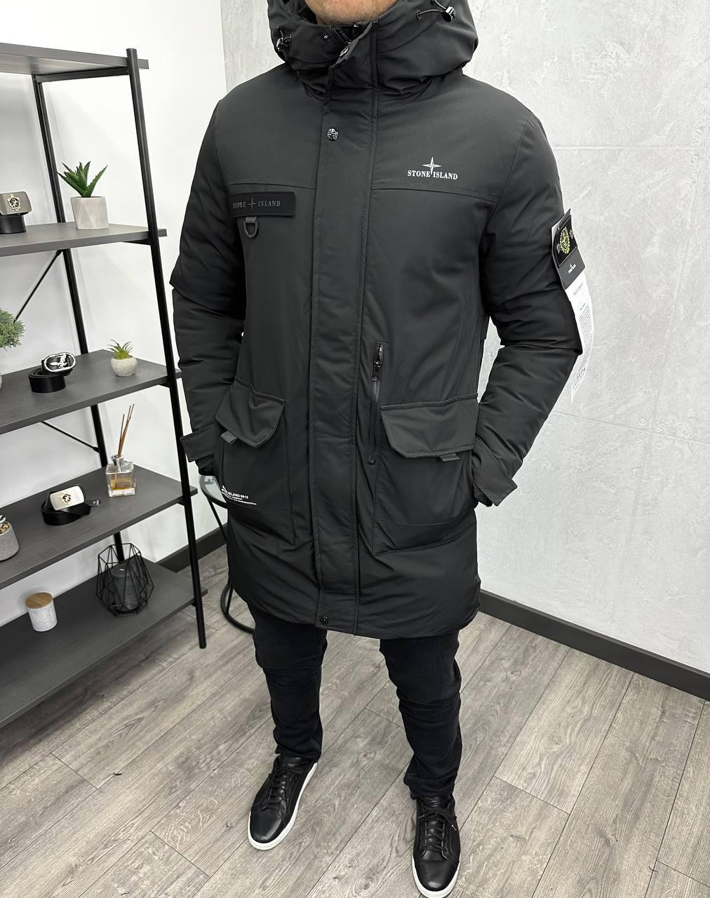 Чоловіча зимова довга куртка Stone Island H3961 чорна М