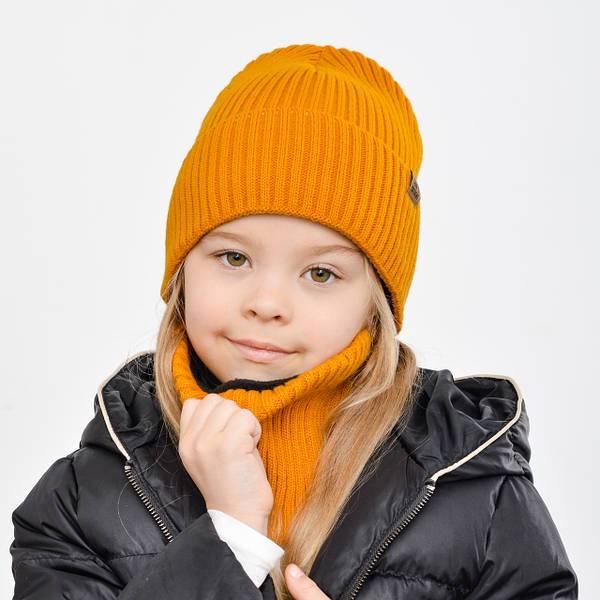 Молодіжний трикотажний зимовий комплект шапка + бафф колір гірчиця