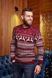 Чоловічий светр вовняний новорічний розмір M Бордовий з оленями
