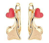 Серьги детские Xuping Позолота 18K английский замок "Слоники с коралловыми сердечками"