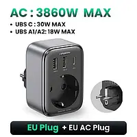 Сетевое зарядное устройство с розеткой UGREEN GaN 30W Outlet Extender 2USB-A+1USB-C+1AC (серый) CD314