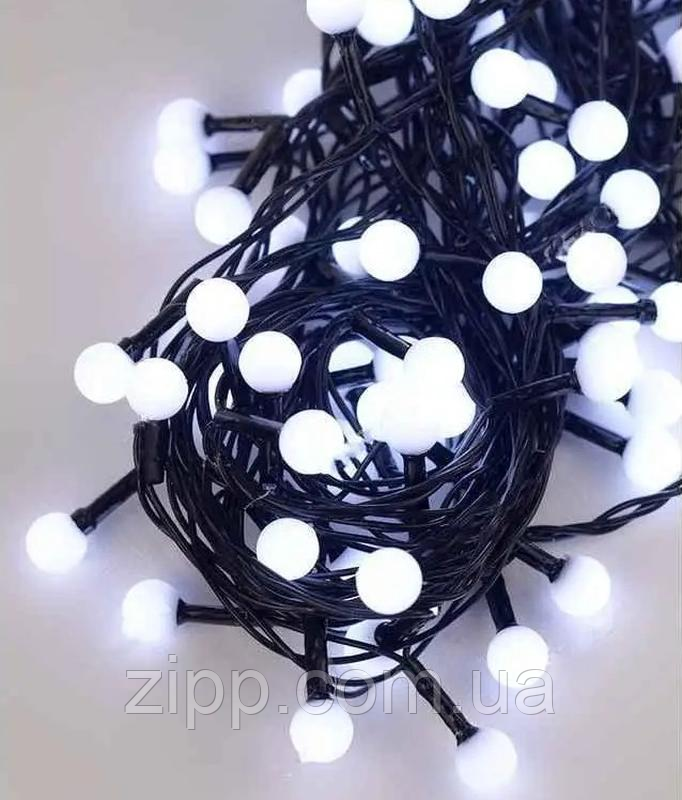 Гірлянда велика матова кулька 100 LED Холодний білий Чорний провід