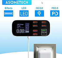 Зарядна станція ASOMETECH A9D+, 40W, 8-port USB, QC3.0, Type-C, РК-дисплей