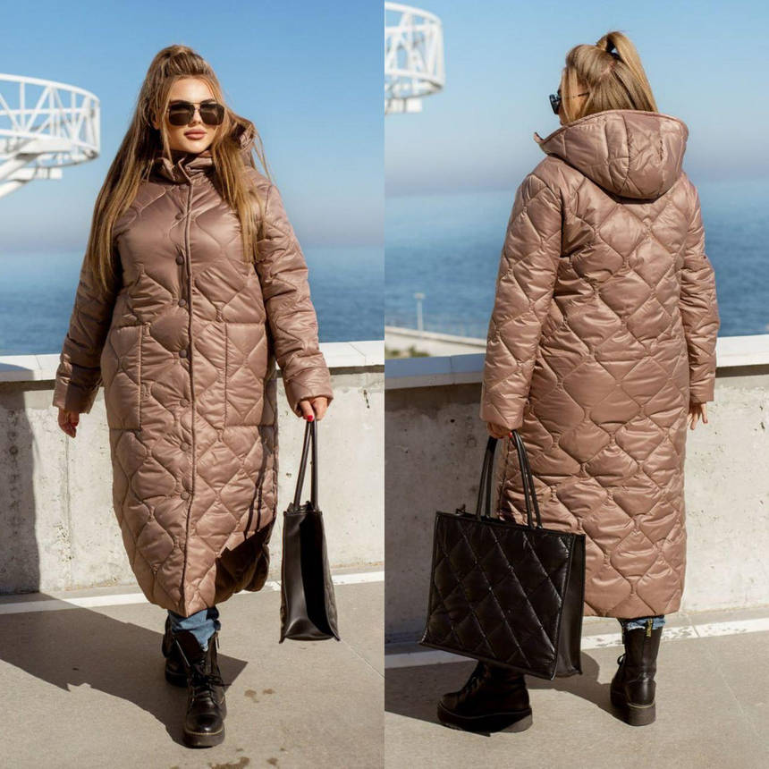 Тепле зимове пальто жіноче капучино великих розмірів, фото 2