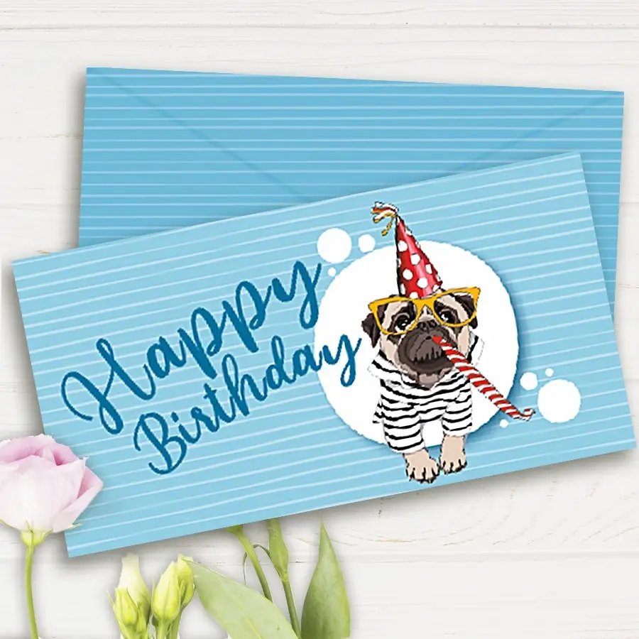 Паперовий конверт на гроші блакитний "Happy Birthday мопс" 1шт.