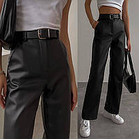 Женские стильные базовые модные кожаные штаны клеш утепленные флисом (черный)