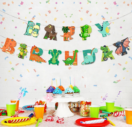 Гірлянда паперова Happy Birthday Діно Малюки | Різнокольоровий, фото 3