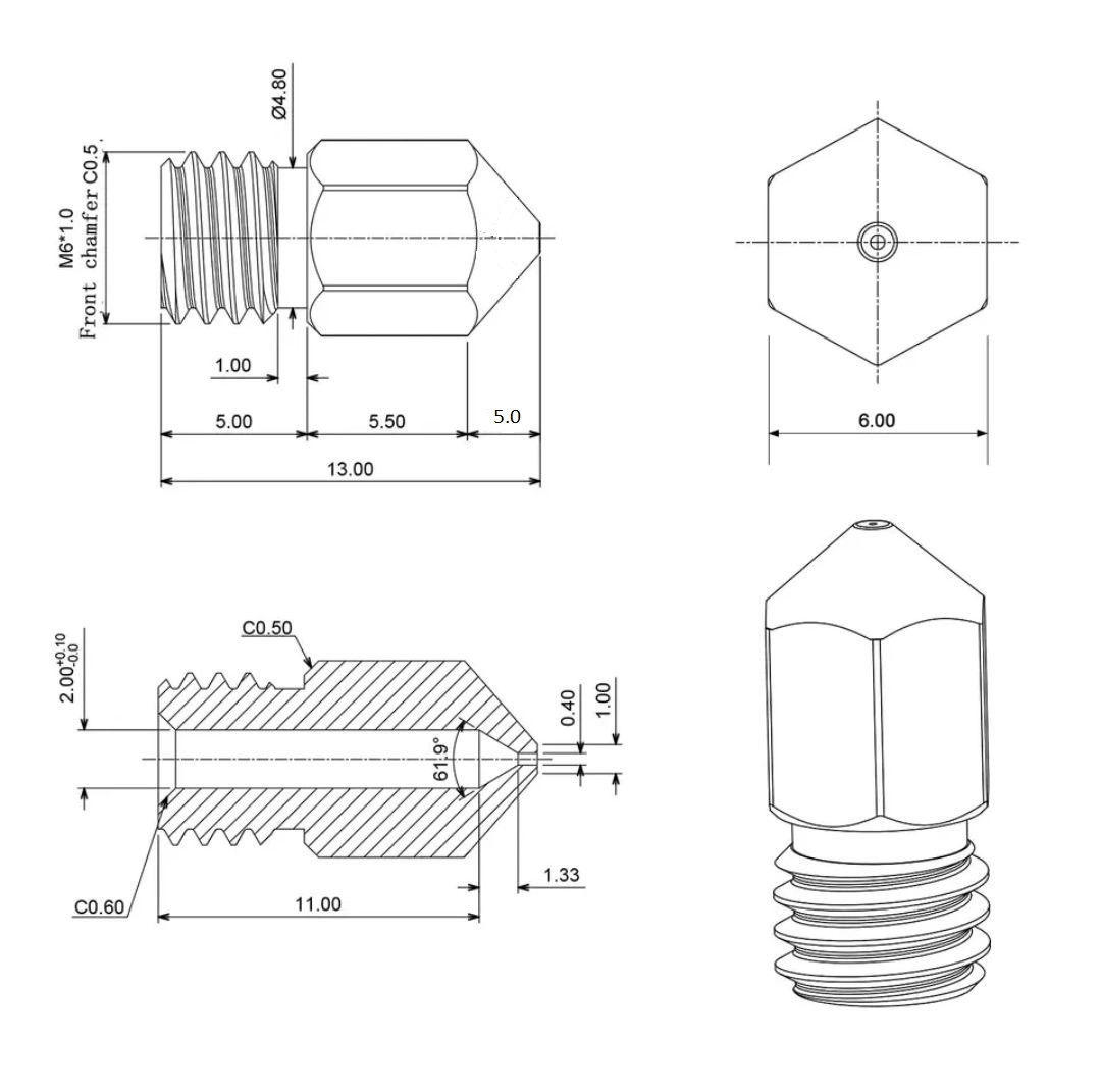 Сопло, МК8 під 1,75 мм нитка для 3D-принтера (фильєра), різь М6 (ID ...