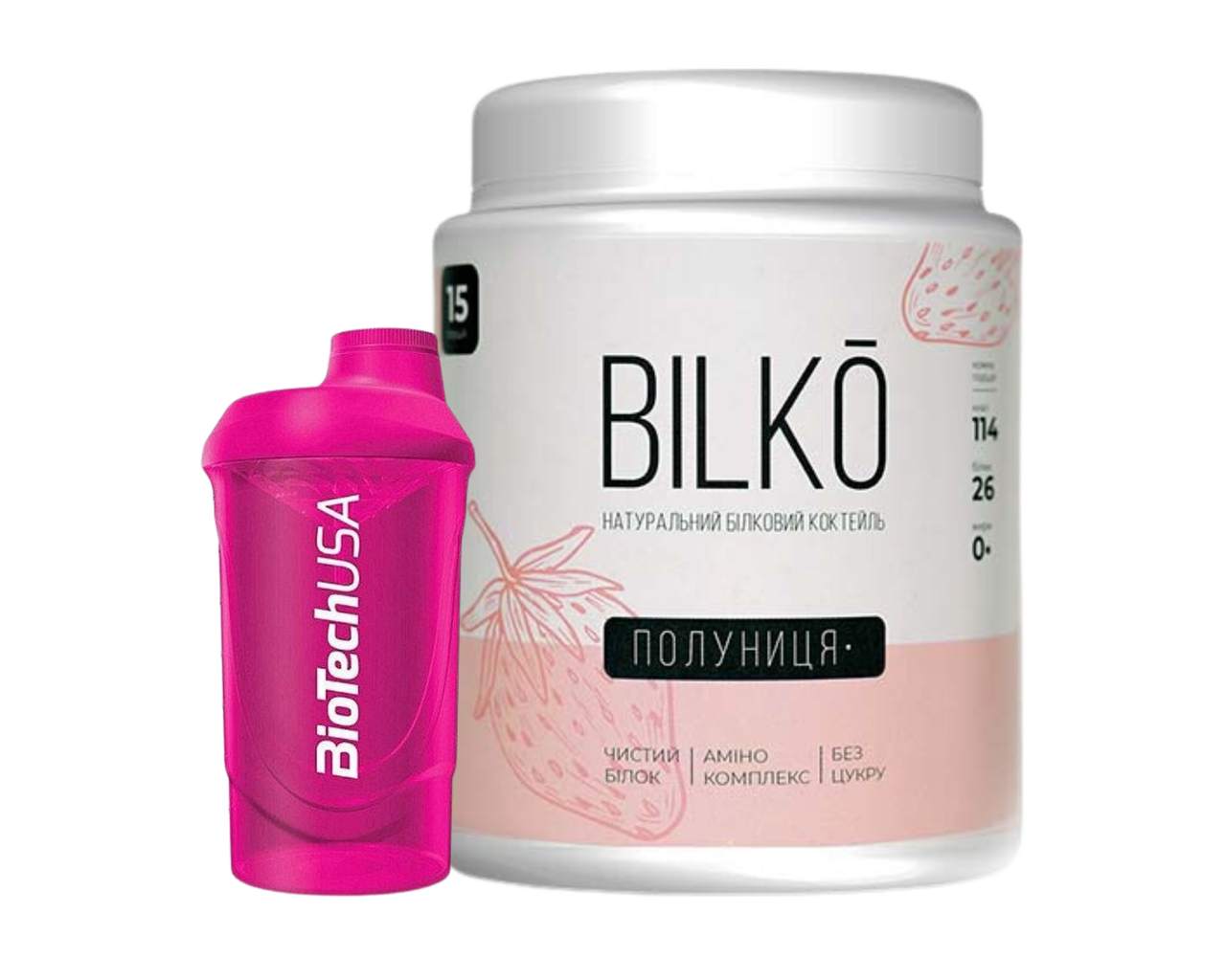 Протеїн Bilko 0.45 кг (15 порцій) смак Полуниця + Шейкер, фото 1