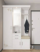 Большой современный белый шкаф в прихожую коридор с сиденьем зеркалом и обувницей Силуэт 1 Мир Мебели