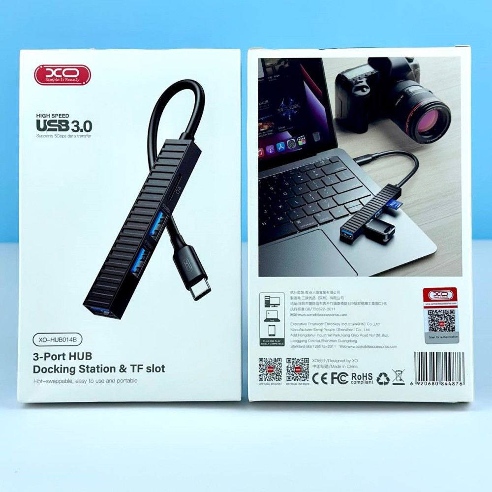 Перехідник USB-hub хаб 4-в-1 XO HUB014B 4in1 |Type-C - USB2.0*2/USB3.0/TFкарта| Чорний, фото 1