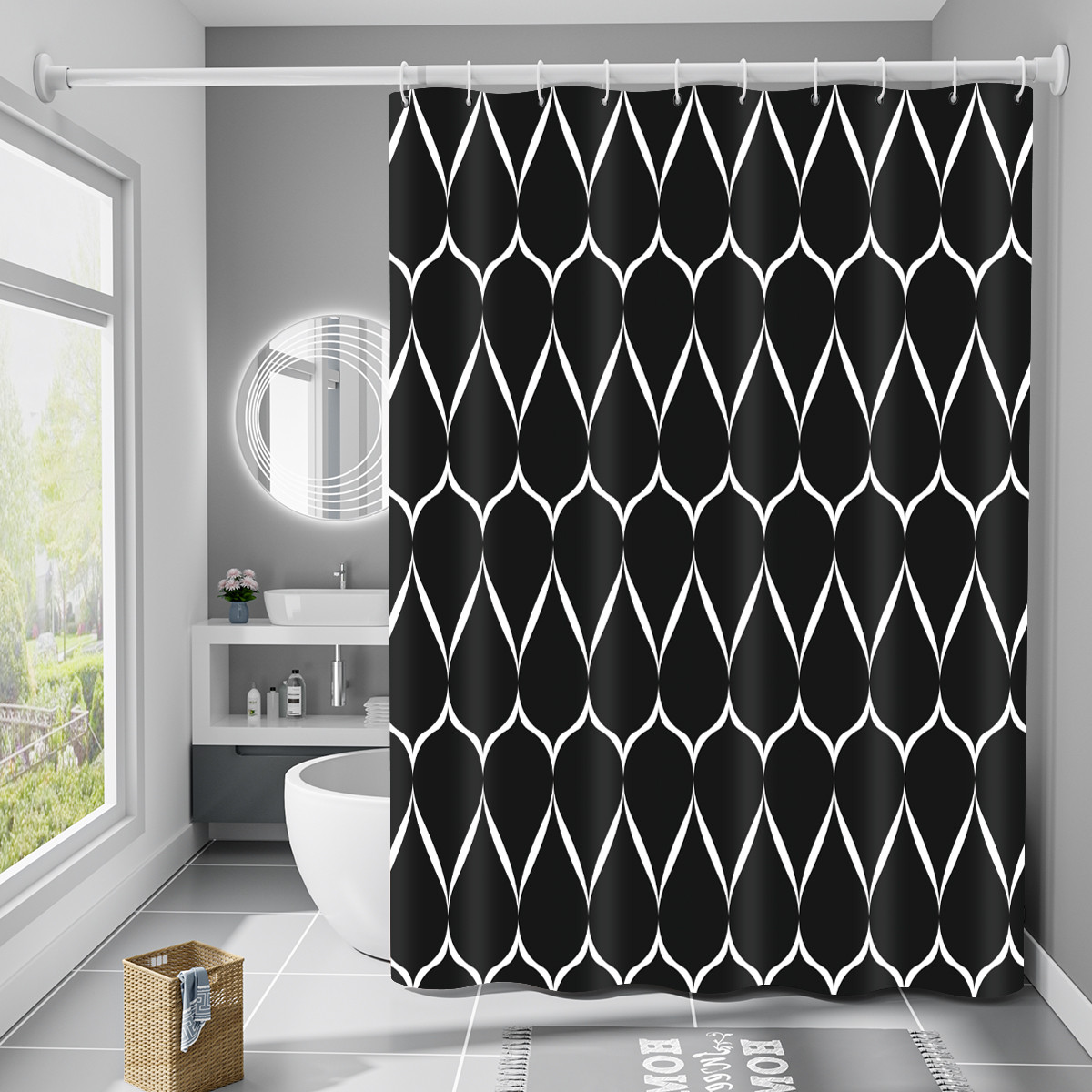 Шторка для ванни водонепроникна Bathlux 180x180 см з гачками, фіранка для ванної, Чорна з малюнком