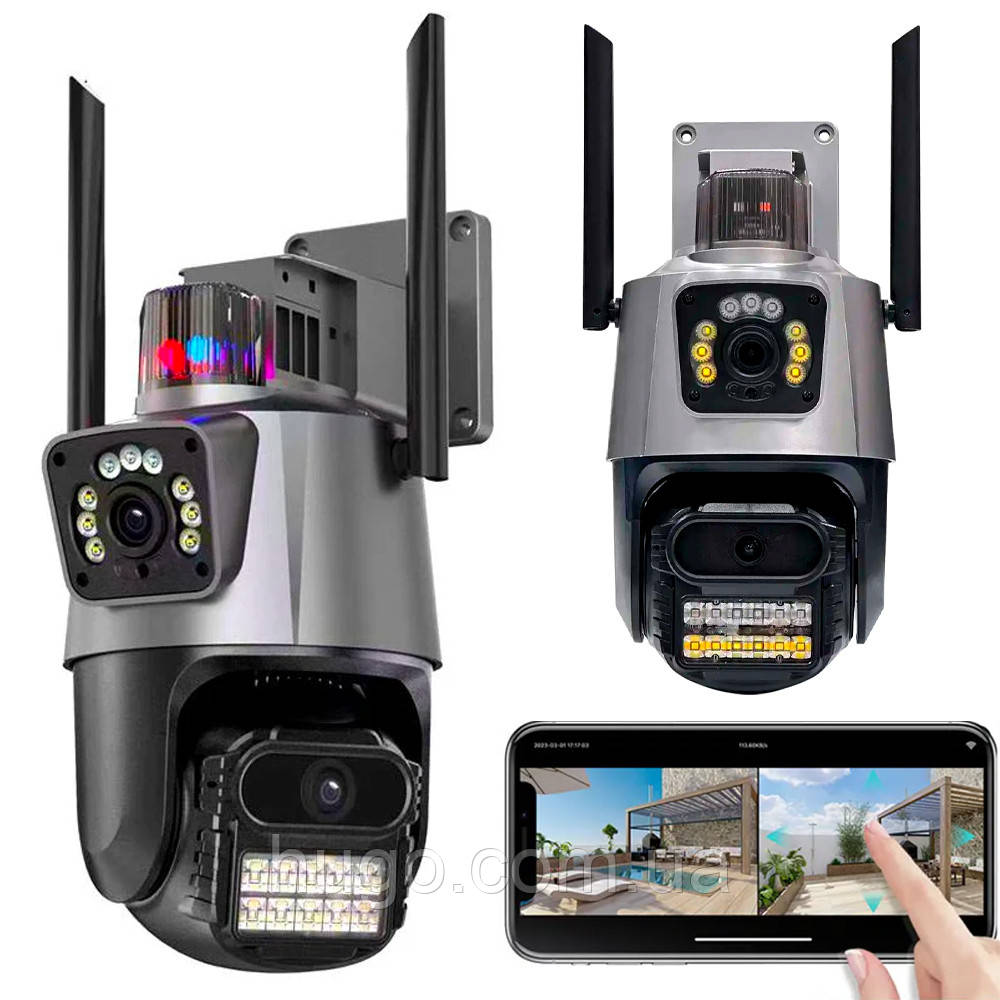 Вулична охоронна WIFI камера відеоспостереження Dual Lens 8MP / Поворотна камера спостереження із сиреною