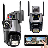 Уличная охранная WIFI камера видеонаблюдения Dual Lens 8MP / Поворотная камера наблюдения с сиреной