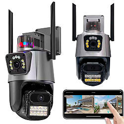 Вулична охоронна WIFI камера відеоспостереження Dual Lens 6MP / Поворотна камера спостереження із сиреною