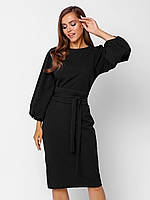 Классическое женское нарядное платье-миди с объемными рукавами, черное