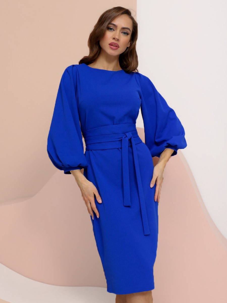 Класичне нарядне жіноче плаття-міді з об'ємними рукавами, синє