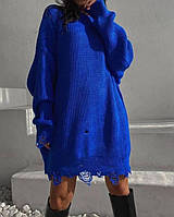 Свитер туника удлиненный женский рванный с высоким горлом производство Турция машинна вязка синий