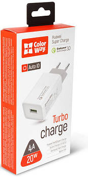 Зарядний пристрій Colorway 1USB Huawei Super Charge/Quick Charge 3.0, 4A (20W) білий (CW-CHS014Q-WT)