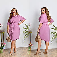 Женское повседневное розовое платье-рубашка с поясом большие размеры