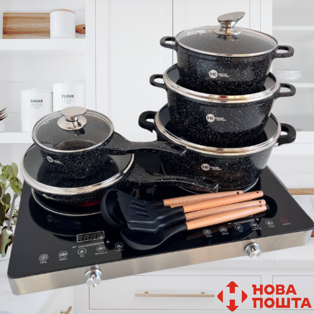 Набір каструль Higher Kitchen посуд з гранітним антипригарним покриттям сковорода сотейник кухонні лопатки