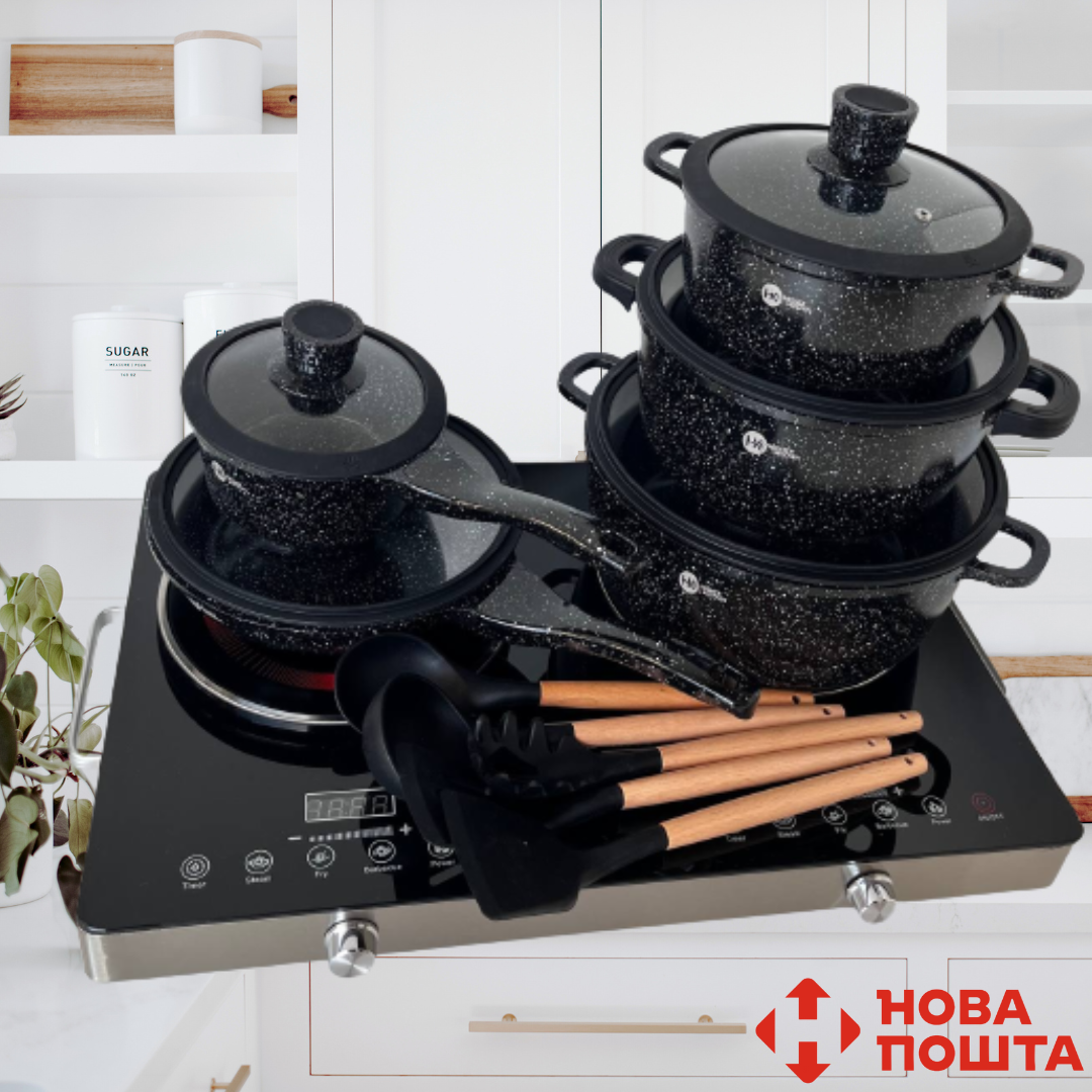 Набір каструль Highher Kitchen казан з мармуровим антипригарним покриття сковорода сотейник кухонні лопатки
