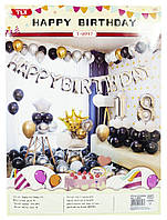 Набір декора Happy birthday 18. Дизайн в золотих, срібних, чорних тонах (банер, кульки)
