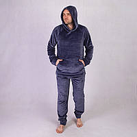 Пижама мужская с капюшоном махровая домашняя однотонная теплая серая 44-54р.