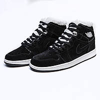 Мужские зимние кроссовки Nike Air Jordan 1 Retro (чёрные) высокие повседневные кеды с мехом 2519